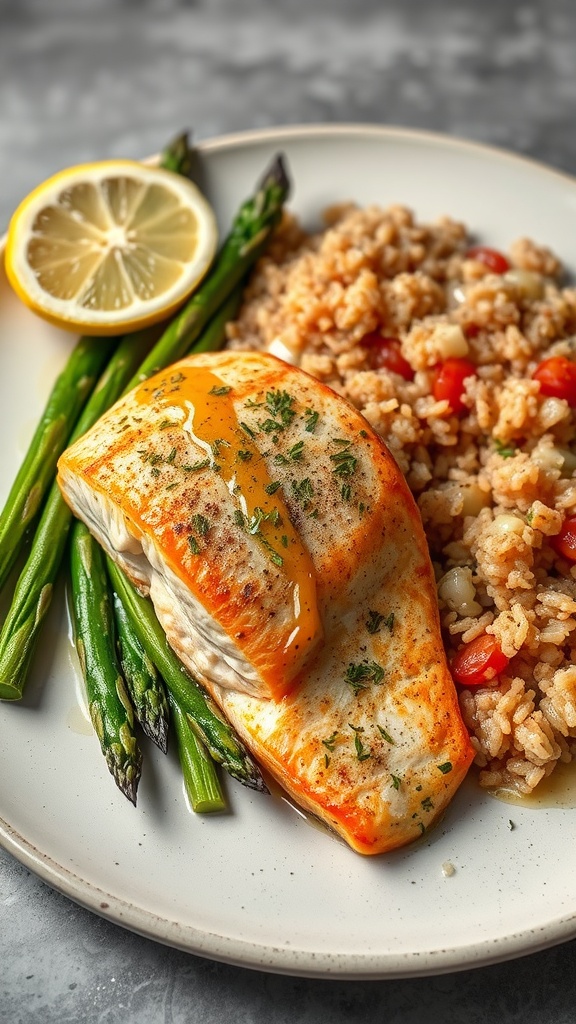 Baked salmon with asparagus and brown rice on a plate