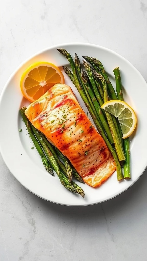 A plate of baked salmon with asparagus and lemon slices, showcasing a healthy meal.