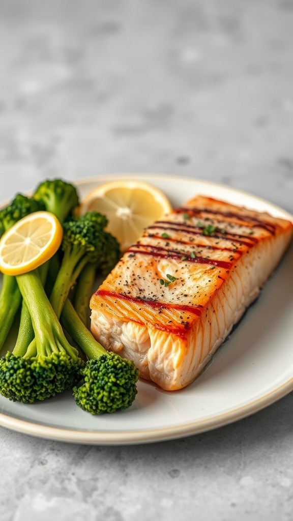 A plate of baked salmon fillet with broccoli and lemon slices.