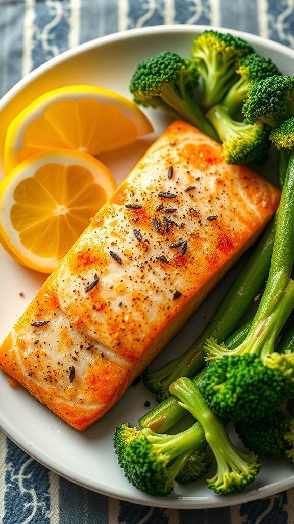 Baked salmon fillet with broccoli and lemon slices on a plate