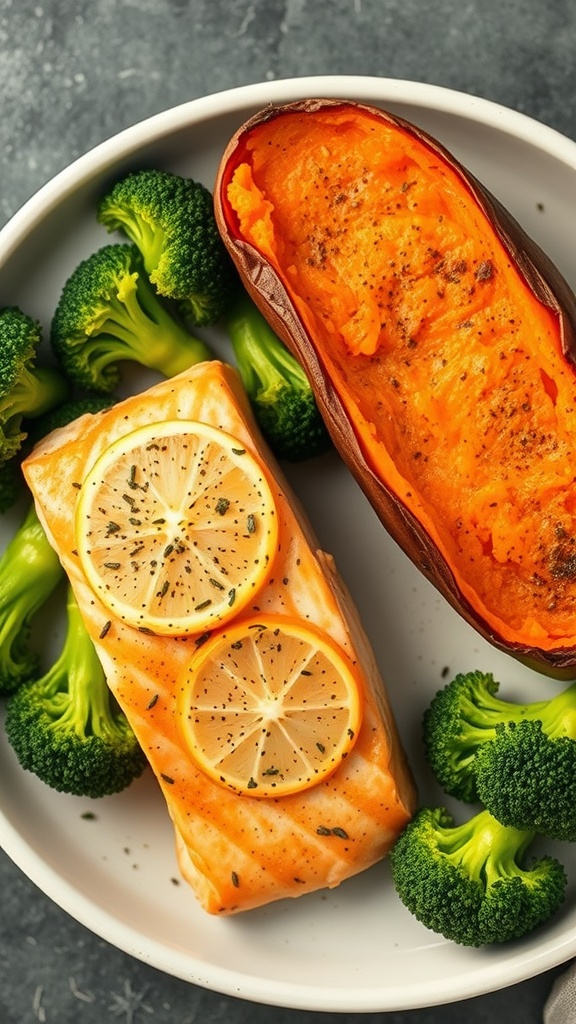 A plate featuring baked salmon with lemon slices, steamed broccoli, and a baked sweet potato.
