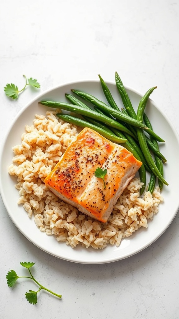 Baked salmon with brown rice and green beans on a plate.