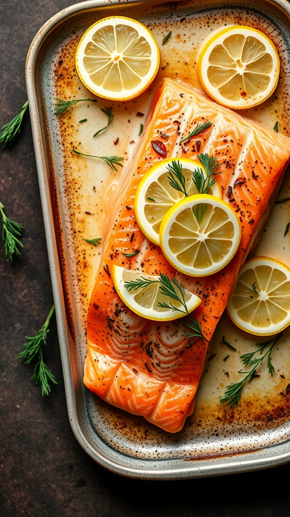 Baked salmon fillets topped with lemon slices and fresh dill