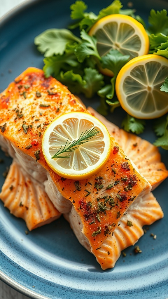 Baked salmon fillets with lemon and dill on a plate
