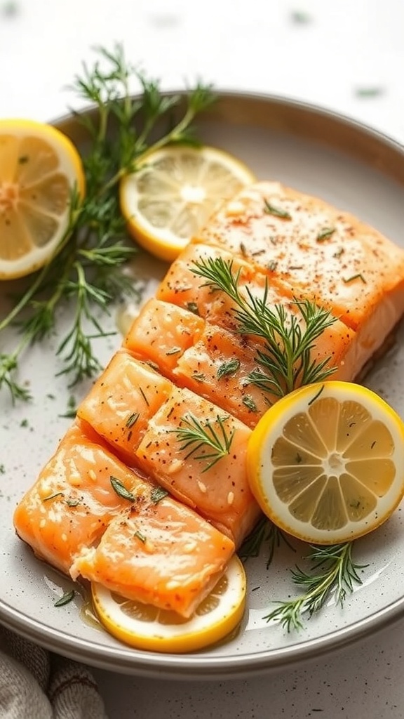 Baked salmon with lemon slices and green beans on a plate