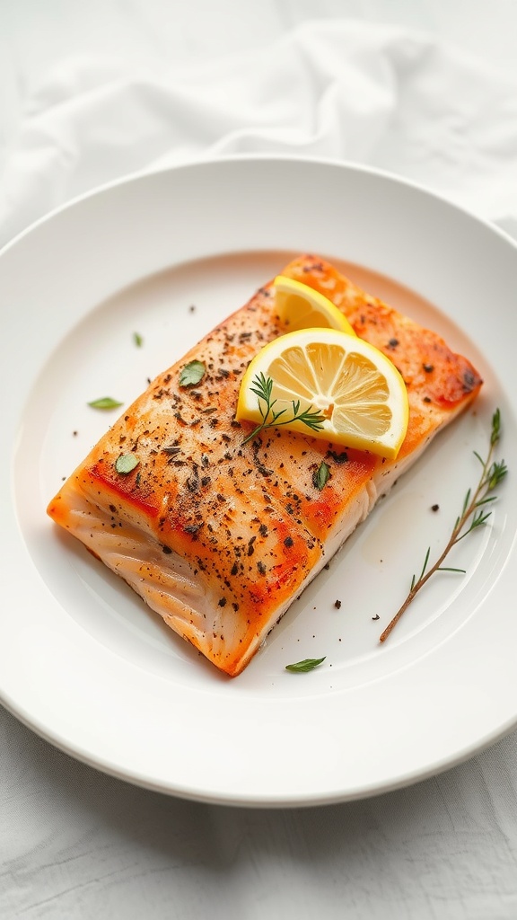 A plate of baked salmon garnished with lemon slices and herbs.