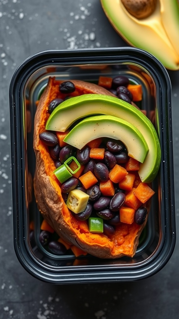 A delicious baked sweet potato filled with black beans and fresh veggies.