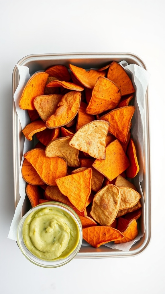 Baked sweet potato chips served with a creamy dip.