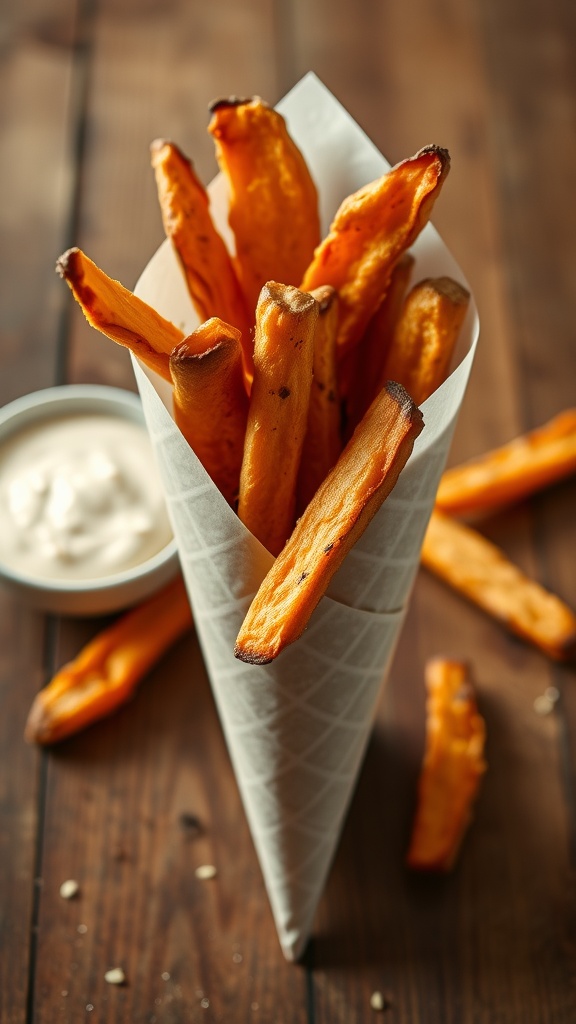 A paper cone filled with crispy baked sweet potato fries, served with a dipping sauce on the side.