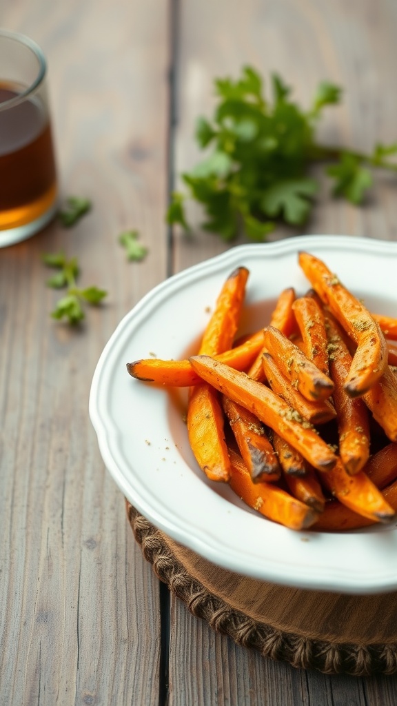 Baked sweet potato fries with cumin served on a plate