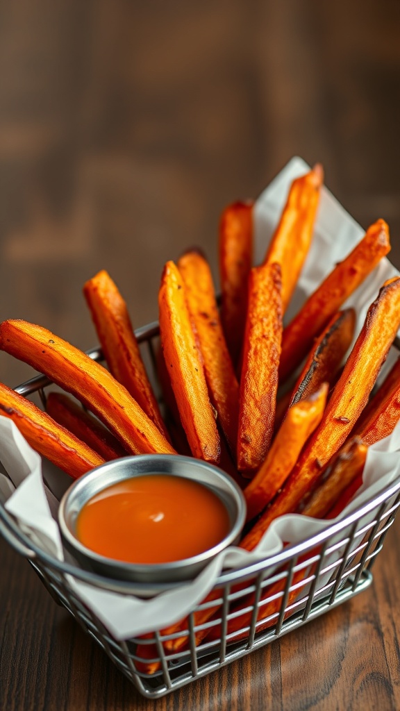 A basket of baked sweet potato fries with a small bowl of dipping sauce.