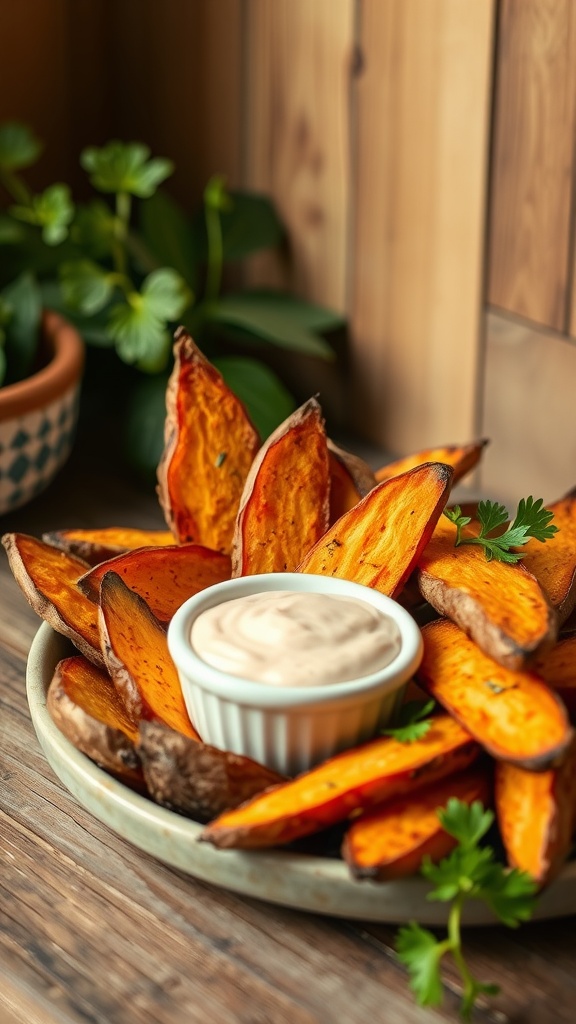 Baked sweet potato wedges served with a dip.