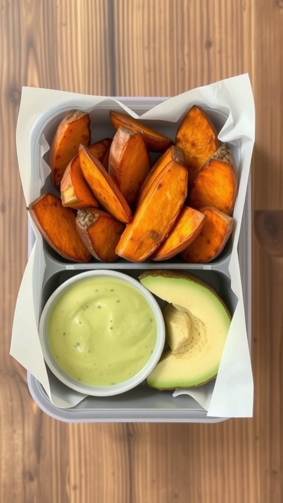 A lunchbox filled with baked sweet potato wedges, avocado, and a creamy dip.