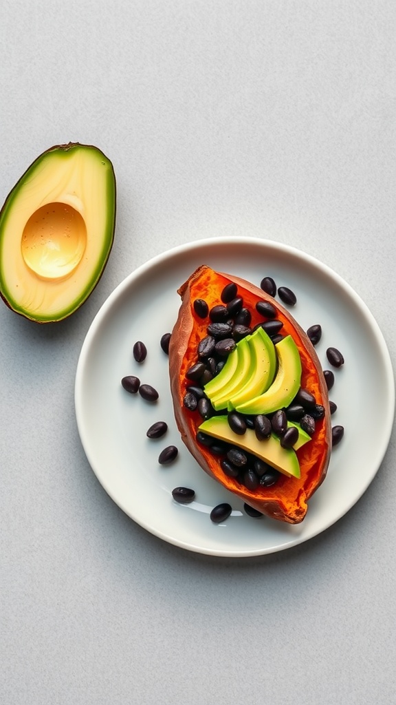 A baked sweet potato topped with black beans and avocado slices on a white plate