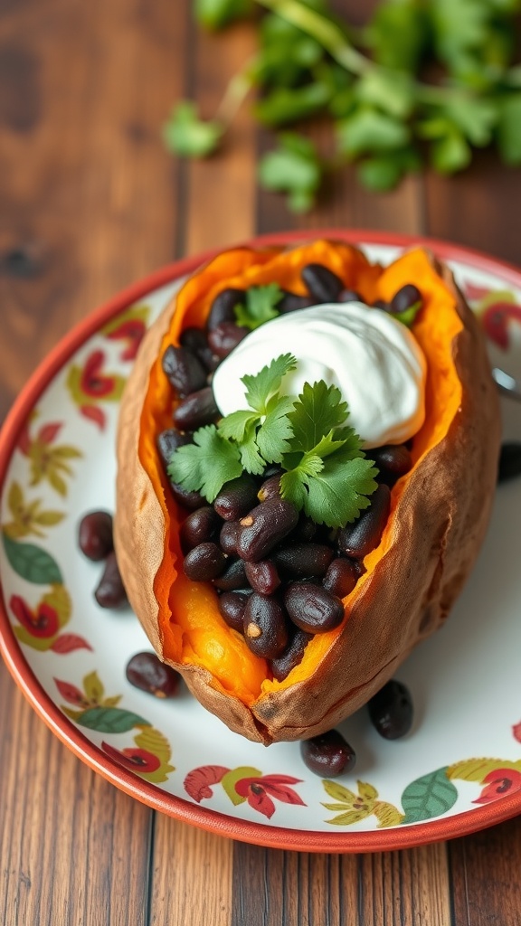 Baked sweet potato stuffed with black beans and topped with yogurt and cilantro.