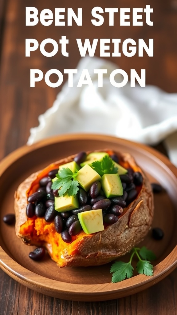 Baked sweet potato topped with black beans and avocado