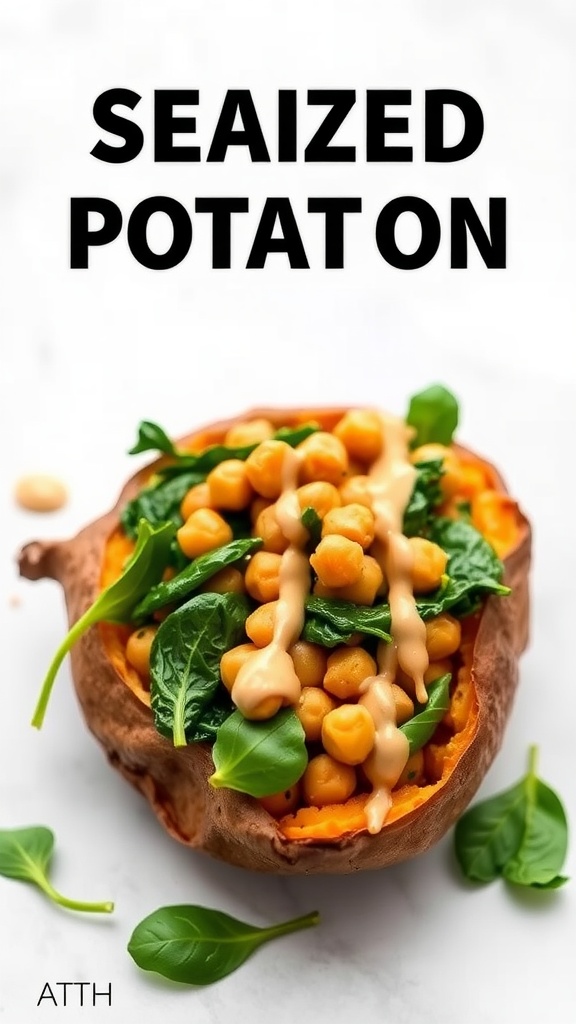 A baked sweet potato stuffed with chickpeas and spinach