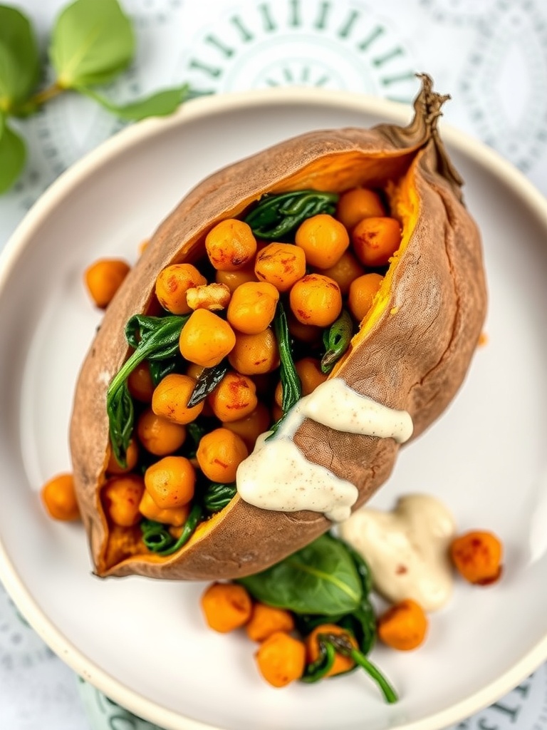 Baked sweet potato filled with chickpeas and spinach, topped with a creamy sauce.