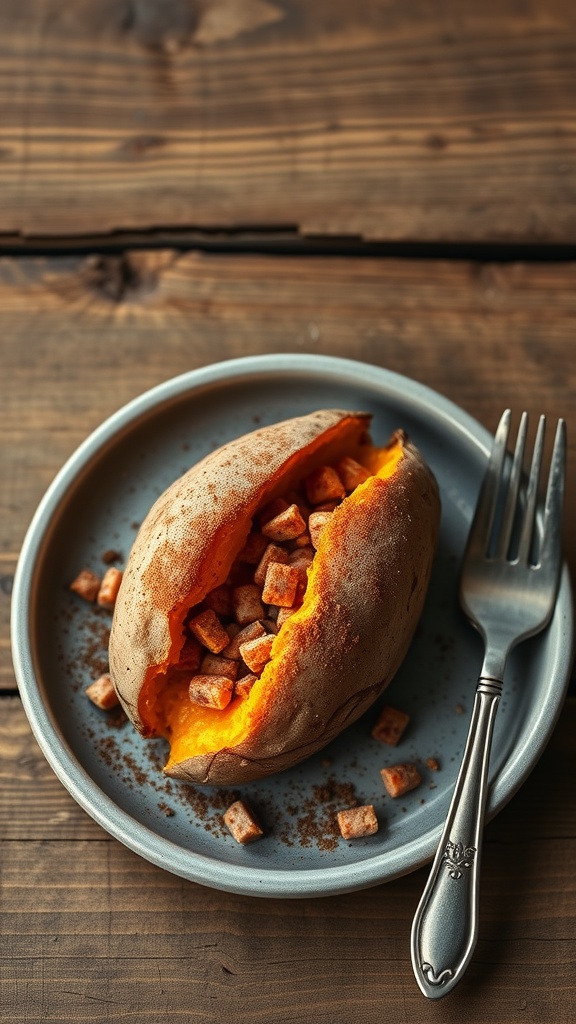 A baked sweet potato topped with cinnamon and small cubes, served on a plate.