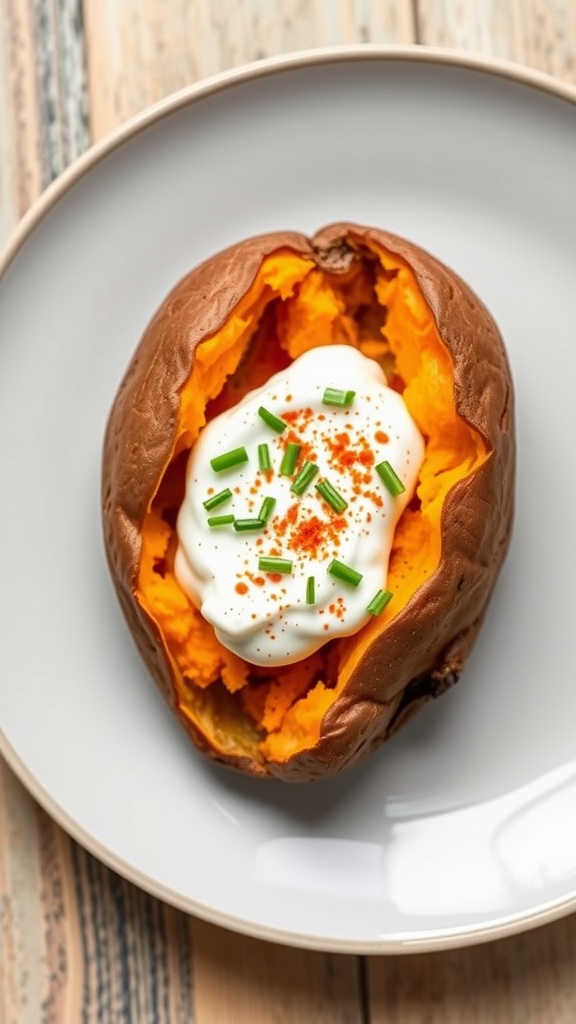 Baked sweet potato topped with Greek yogurt, chives, and paprika on a plate.