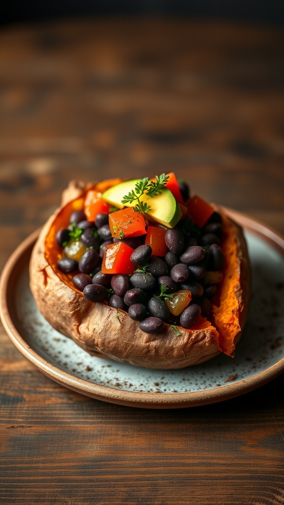 Baked sweet potato topped with black beans, diced tomatoes, and avocado slices.