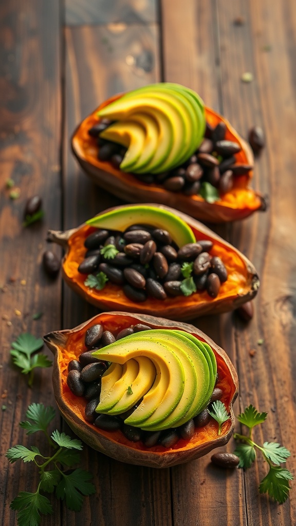 Baked sweet potatoes topped with black beans and avocado slices on a wooden table.