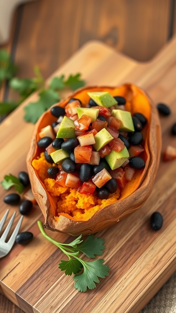 Baked sweet potato filled with black beans and avocado slices, garnished with cilantro on a wooden table.