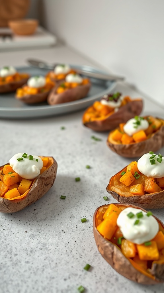 Baked sweet potatoes topped with butternut squash, sour cream, and chives on a light surface.