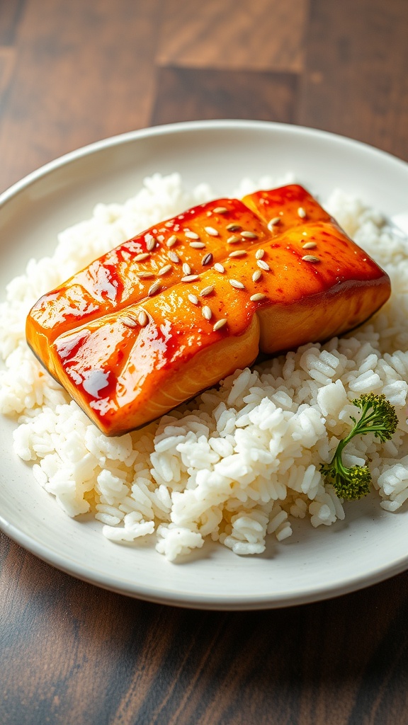 Baked teriyaki salmon on rice with sesame seeds and broccoli garnish.