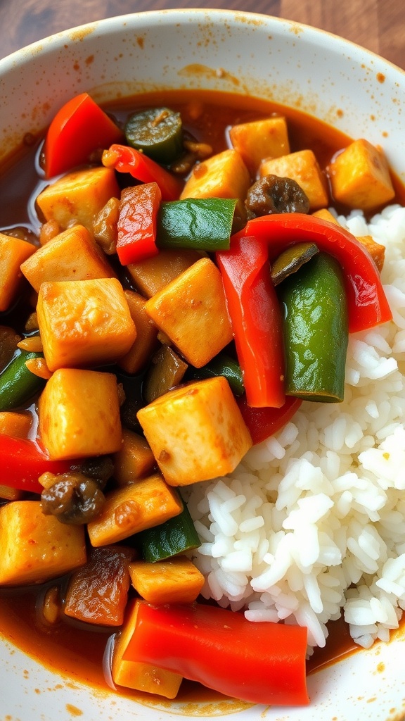 A bowl of baked tofu and vegetable stir-fry served with rice.