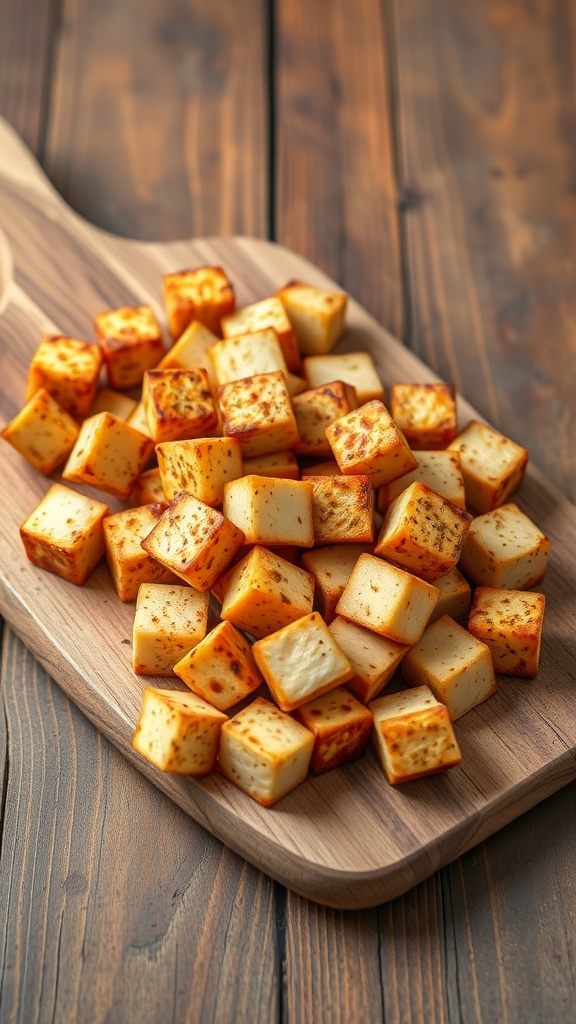 A wooden platter filled with golden-brown baked tofu cubes, seasoned with spices.