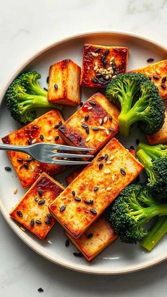 Baked tofu cubes with broccoli on a plate, garnished with sesame seeds.