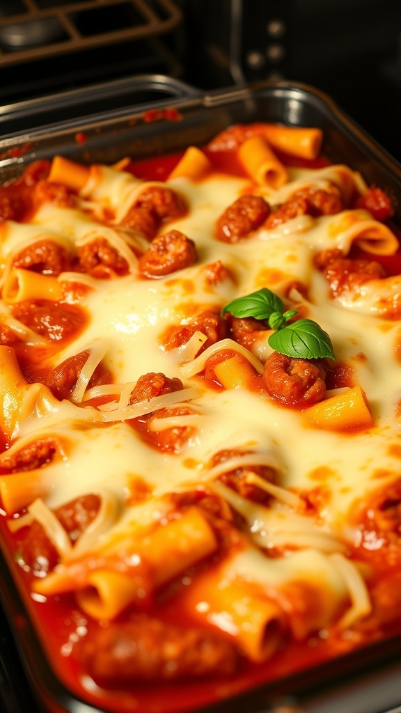 A delicious baked ziti with Italian sausage topped with melted cheese and fresh basil.