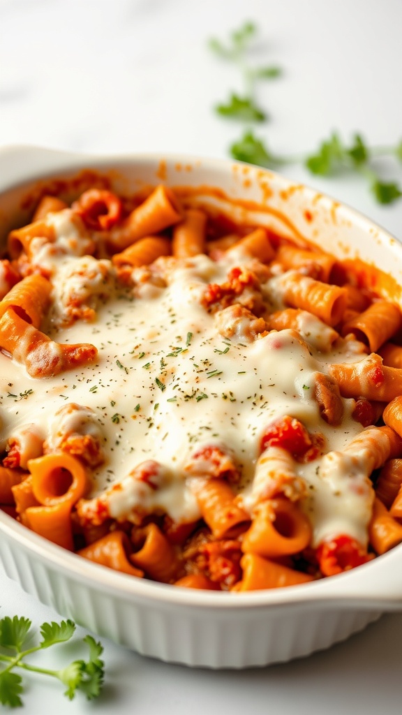 A casserole dish filled with baked ziti topped with melted mozzarella cheese and herbs.