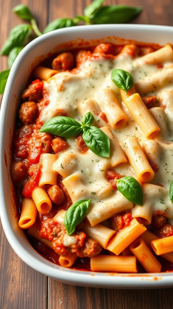 A dish of baked ziti with sausage and marinara sauce, topped with melted cheese and fresh basil.