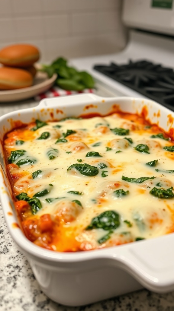 A creamy baked ziti with spinach and mozzarella cheese, fresh from the oven.