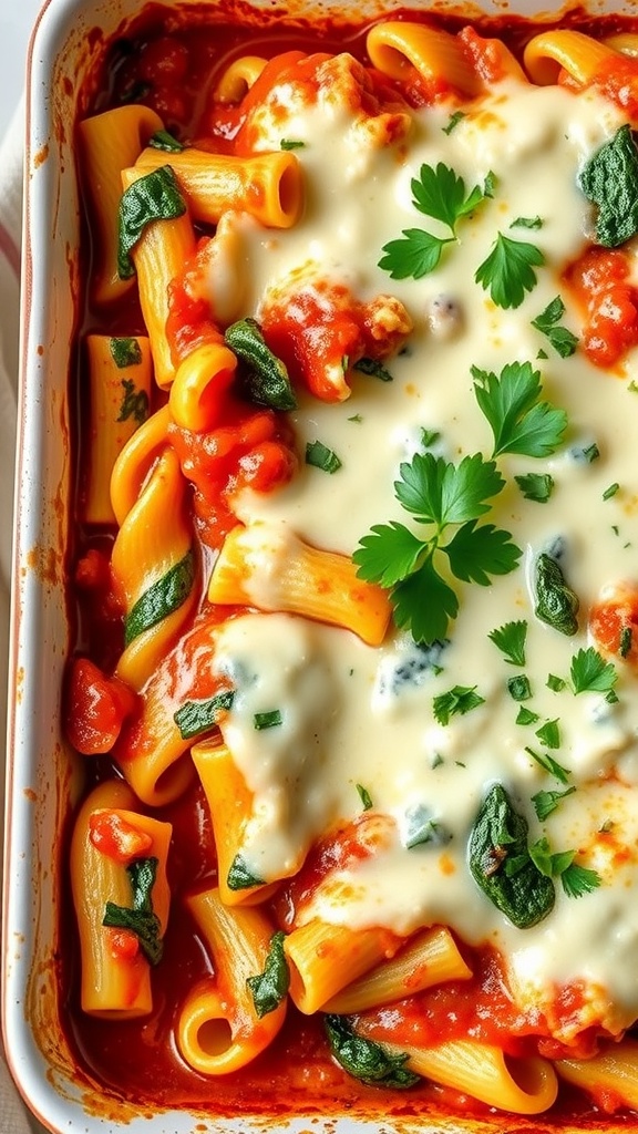 Baked Ziti with Spinach and Ricotta in a baking dish, topped with melted cheese and fresh spinach.