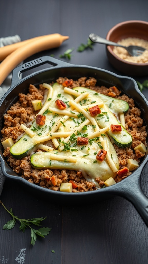 A skillet filled with baked zucchini and ground turkey, topped with cheese and garnished with herbs.