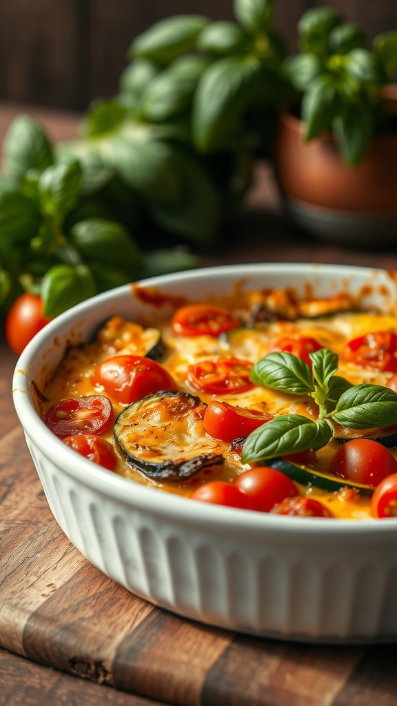 A dish of baked zucchini and tomato gratin with fresh herbs