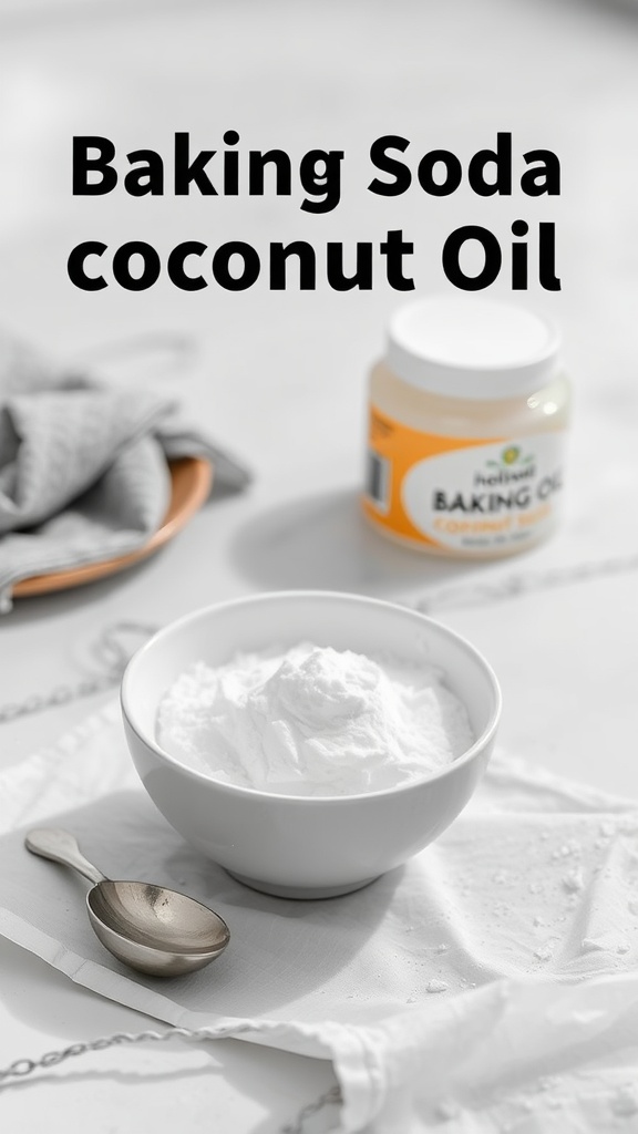 A bowl of baking soda with a spoon, and a jar of coconut oil on a table.
