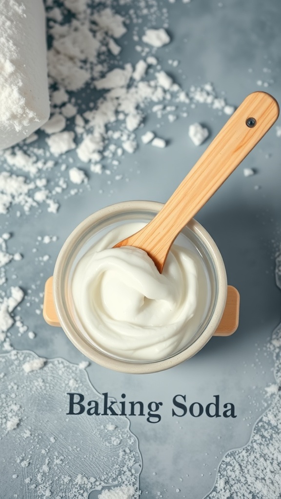 A jar of baking soda paste with a wooden spoon, surrounded by scattered baking soda.