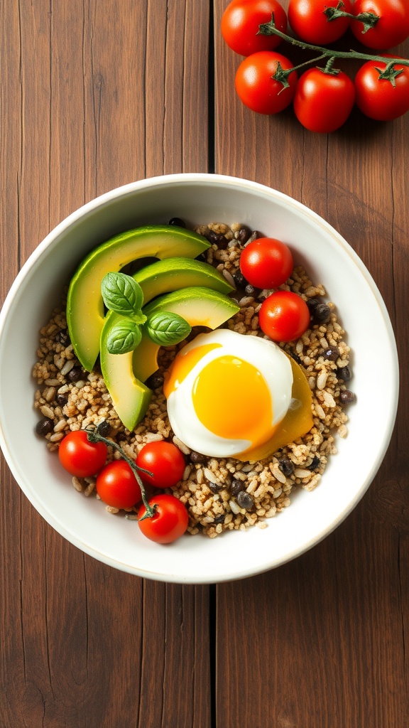 A balanced breakfast bowl with brown rice, black beans, avocado, cherry tomatoes, and a poached egg.