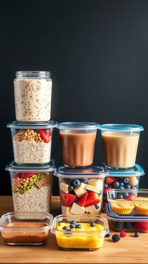 A variety of meal prep containers filled with healthy breakfast options like overnight oats, yogurt, and smoothies.