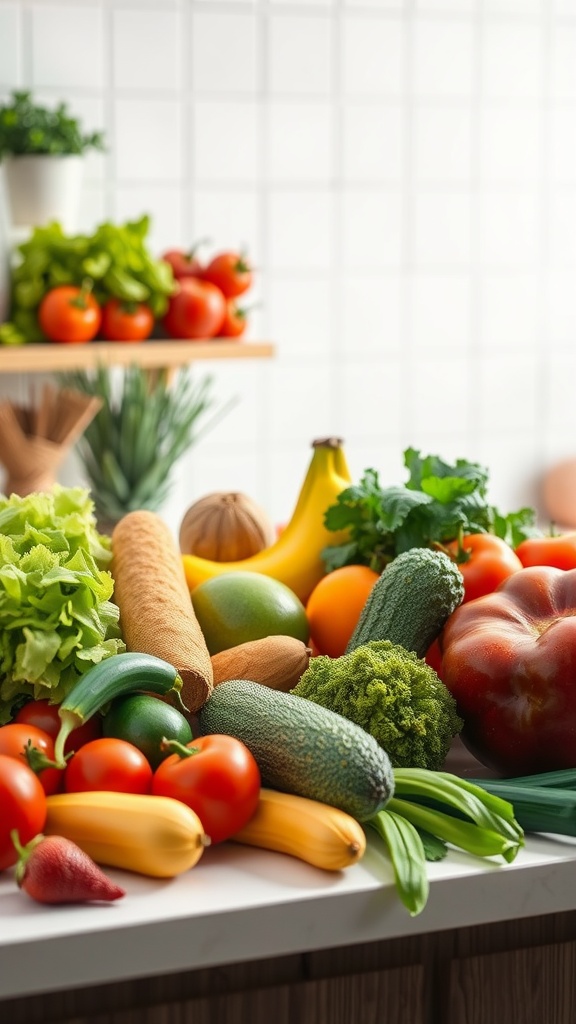 A variety of fresh fruits and vegetables displayed on a kitchen counter.