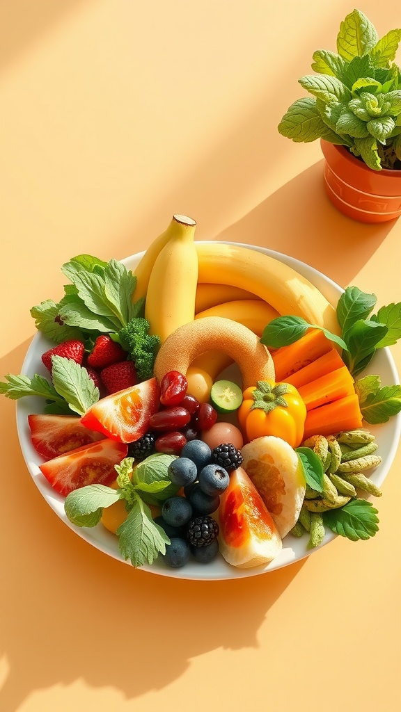 A vibrant platter of fruits and vegetables including bananas, strawberries, blueberries, and broccoli on a light orange background.