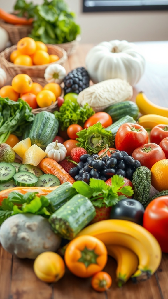 A colorful assortment of fresh fruits and vegetables arranged on a wooden table, including tomatoes, bananas, oranges, cucumbers, and leafy greens.