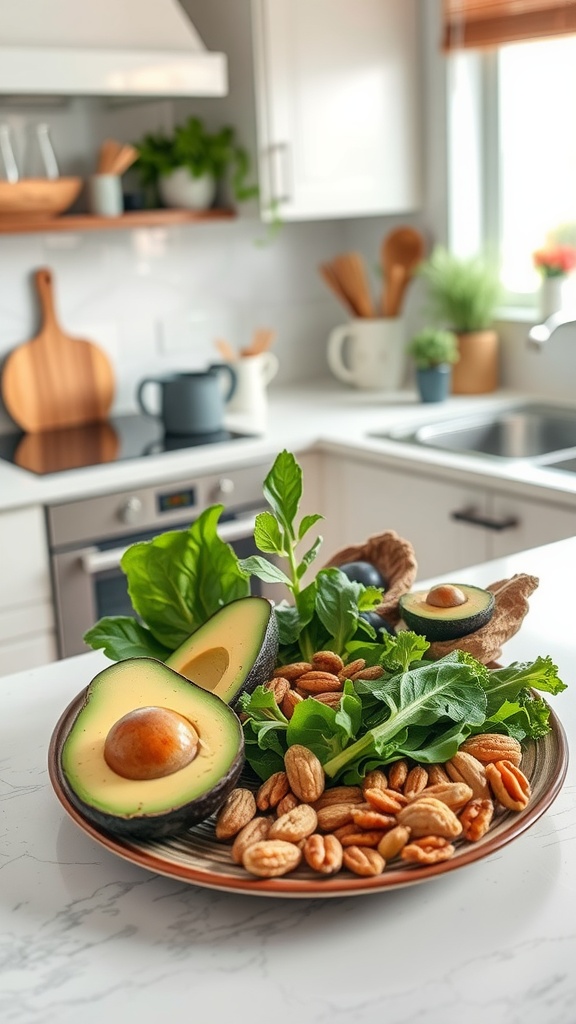 A plate filled with fresh avocado, leafy greens, and assorted nuts, all set in a bright kitchen.