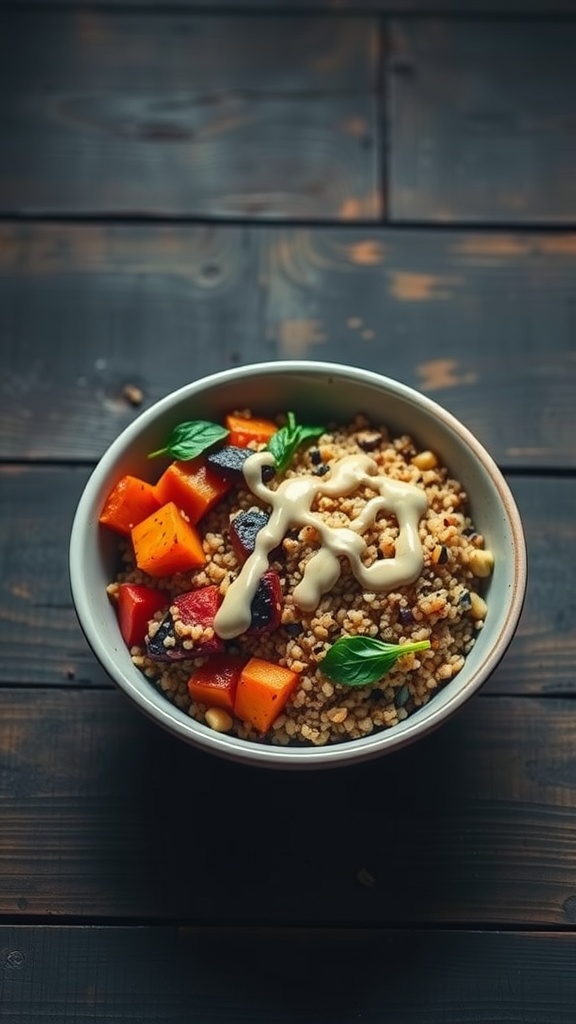 A colorful grain bowl filled with quinoa, roasted vegetables, and a drizzle of tahini.