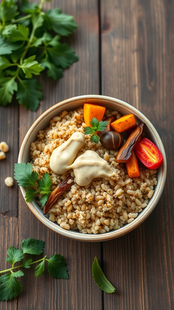 A balanced grain bowl with barley, roasted vegetables, and a creamy sauce, garnished with fresh herbs.