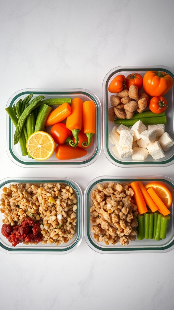 Colorful meal prep containers filled with fresh vegetables, tofu, and quinoa.